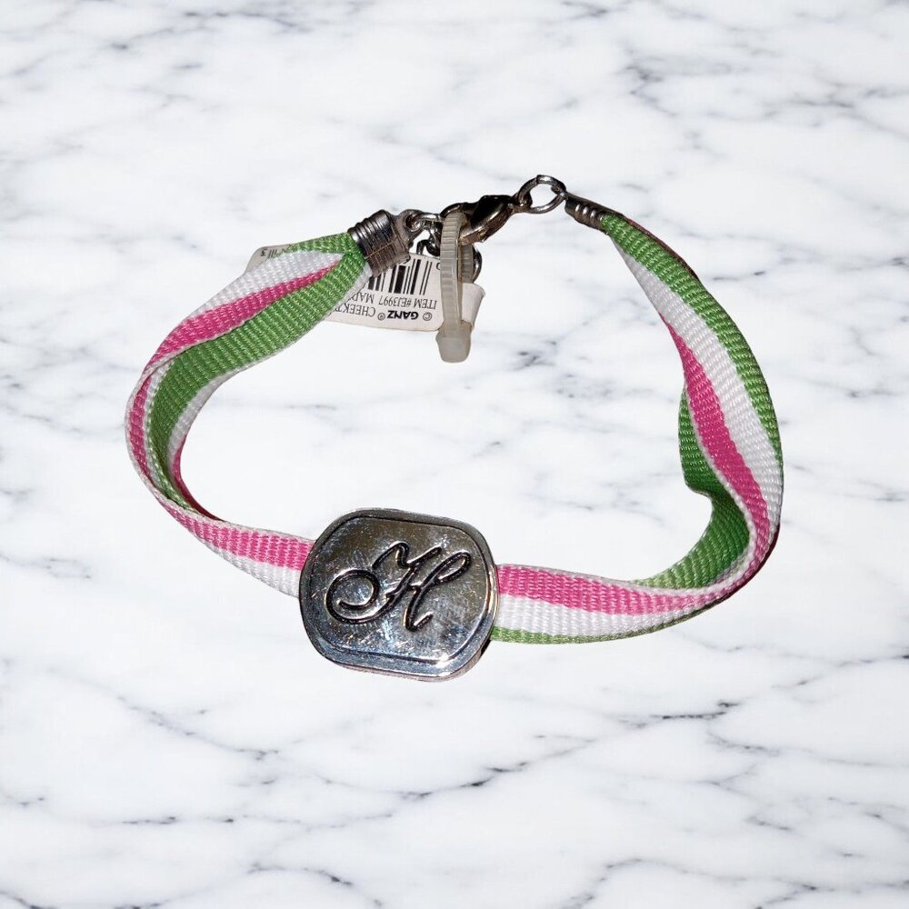 Personalized Ganz H Initial Bracelet With Pink & Green Stripes Adjustable